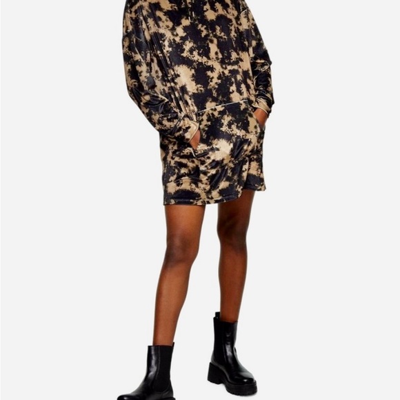 Topshop Womens Size 4 Black & Tan Velvet  Hoodie Mini Dress - Picture 1 of 6